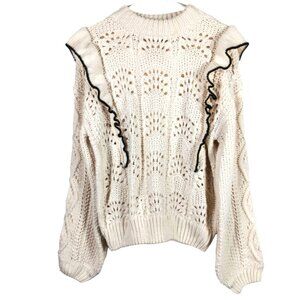 En Saison Morgan Sweater Womens S Cream Ruffled Knit Black Trim Coquette Preppy